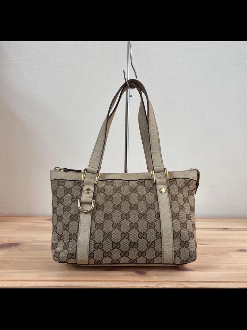 Gucci Brown Beige GG Canvas Shoulder Bag with Leather Trim